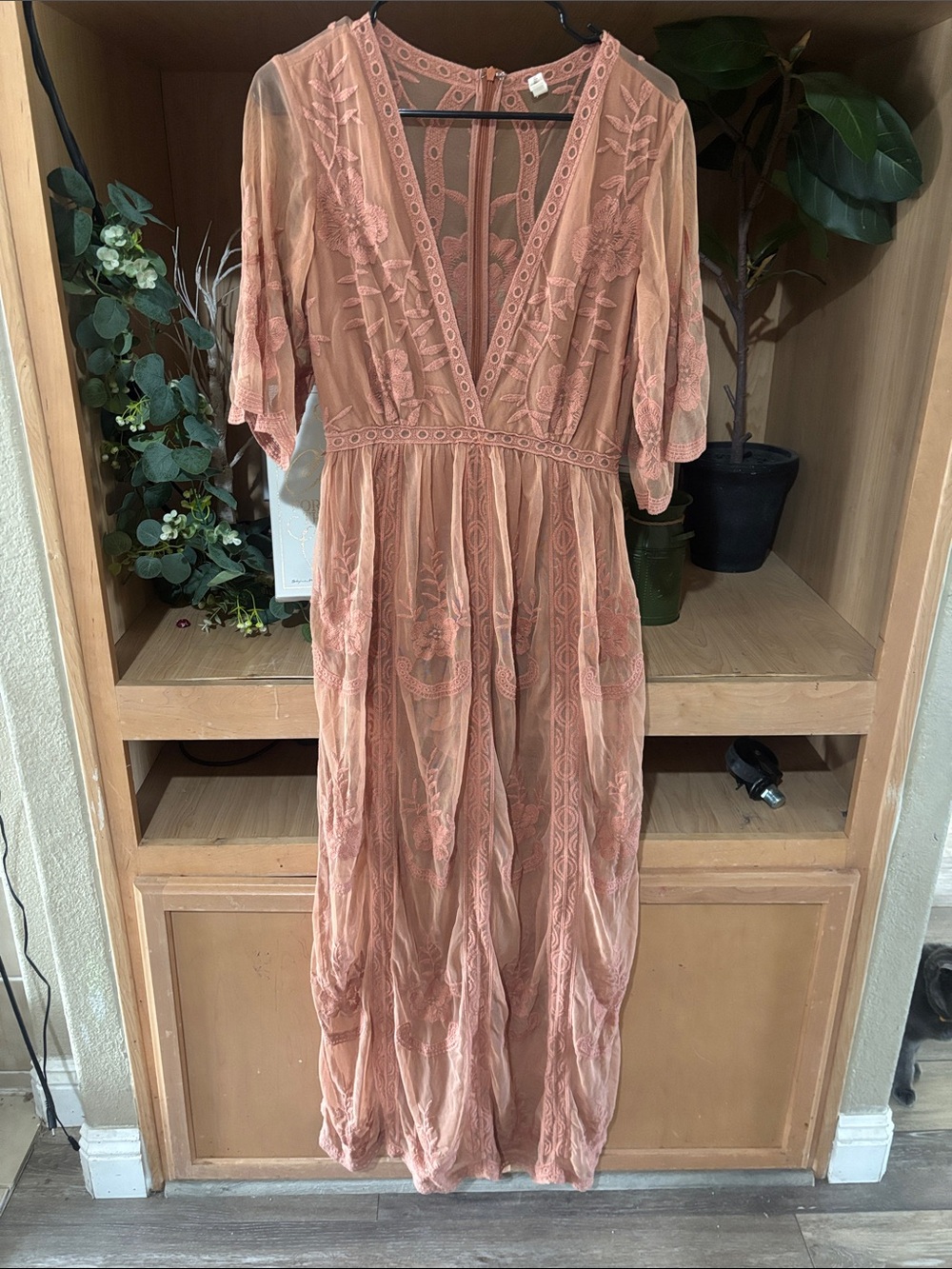 Wishlist Dusty Rose Embroidered Mesh Lace Boho Maxi Dress Smal